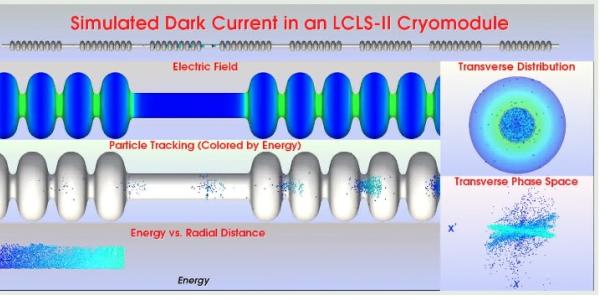 Technical illustration of simulated dark current in an LCLS-II cryomodule 