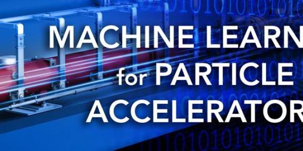 Accelerator line on a vibrant blue background, symbolizing the integration of Machine Learning for Particle Accelerators