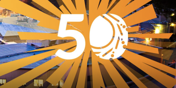 Photo-illustration of beams lines interacting with the number 50