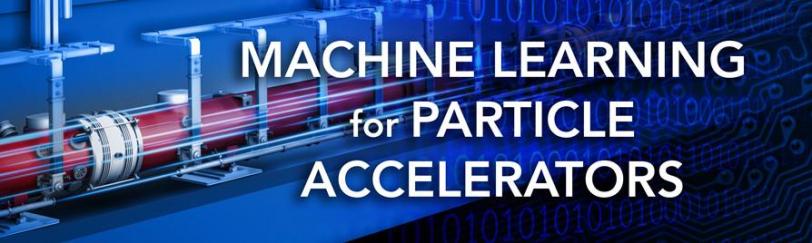 Accelerator line on a vibrant blue background, symbolizing the integration of Machine Learning for Particle Accelerators