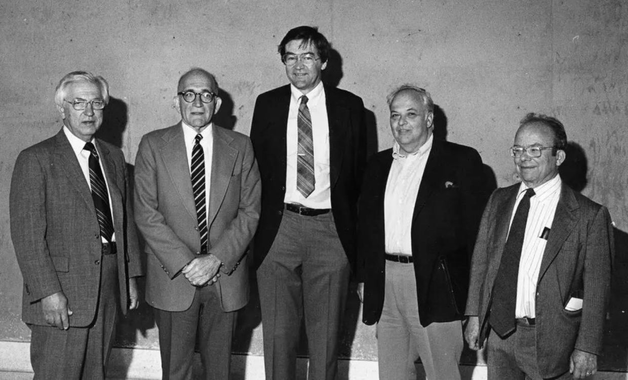 BJ Bjorken standing next to the founders of SLAC, Sid Drell, Burt Richter, and Pief Panofsky