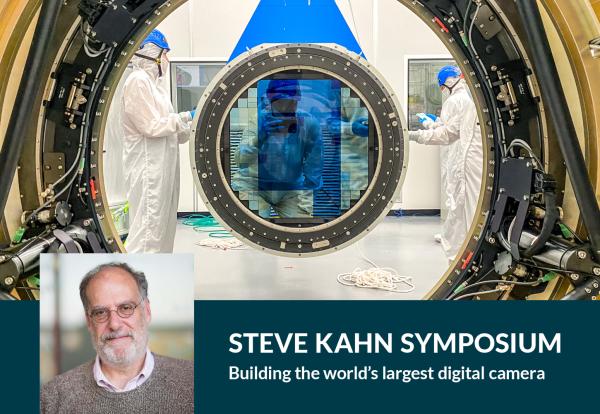 photo collage of large camera lens, clean room workers, and Steve Kahn
