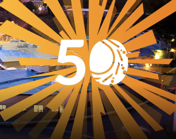 Photo-illustration of beams lines interacting with the number 50